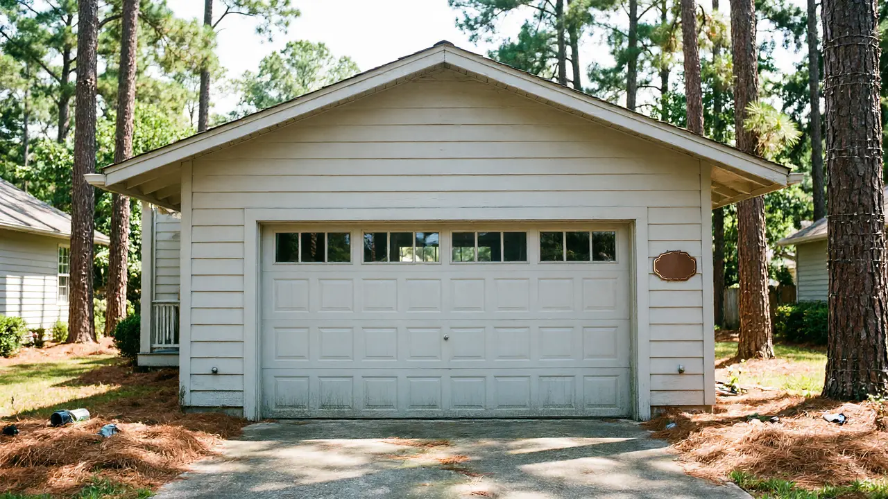 A white garage door with windows is on a light-colored house surrounded by trees.