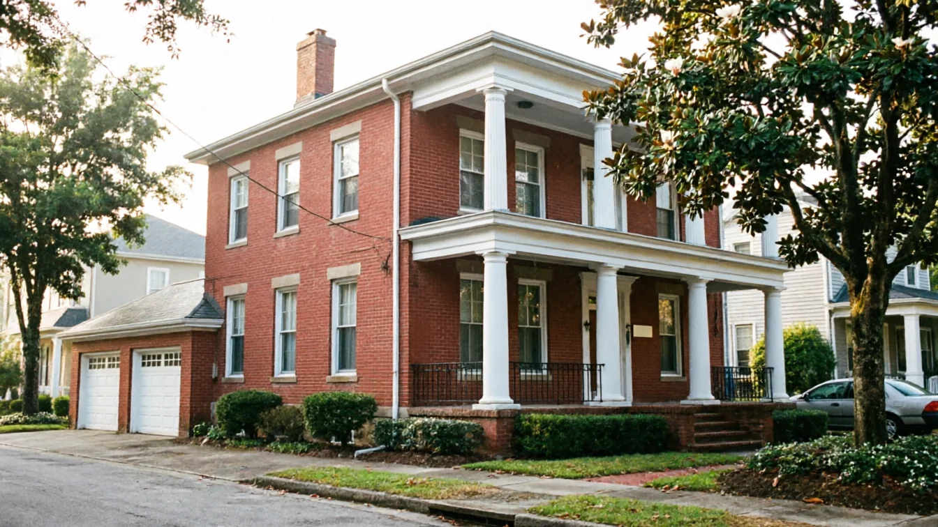 A red brick house with a two-car garage and a white columned porch.