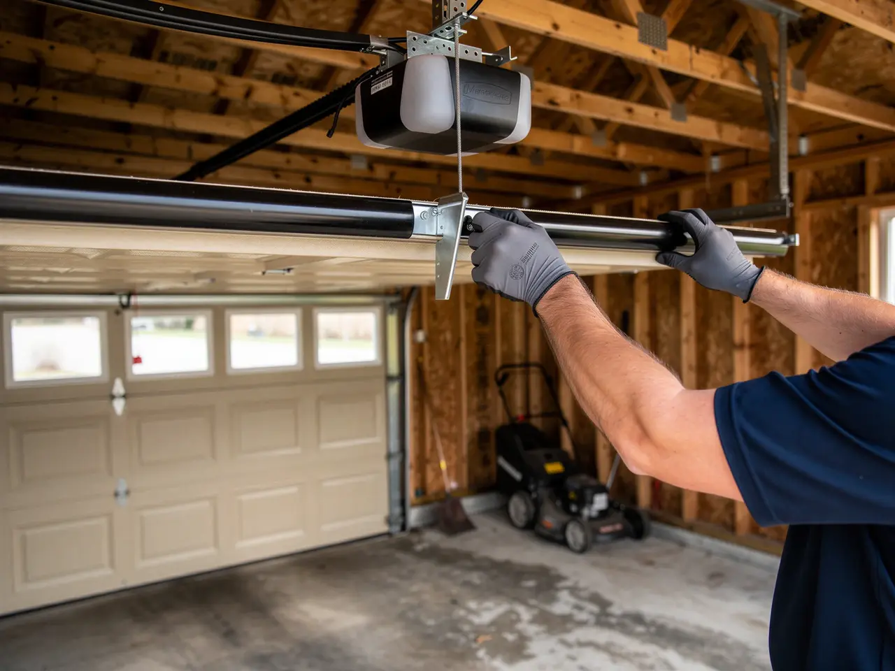 A technician wearing gloves adjusts a garage door opener bar inside a garage.