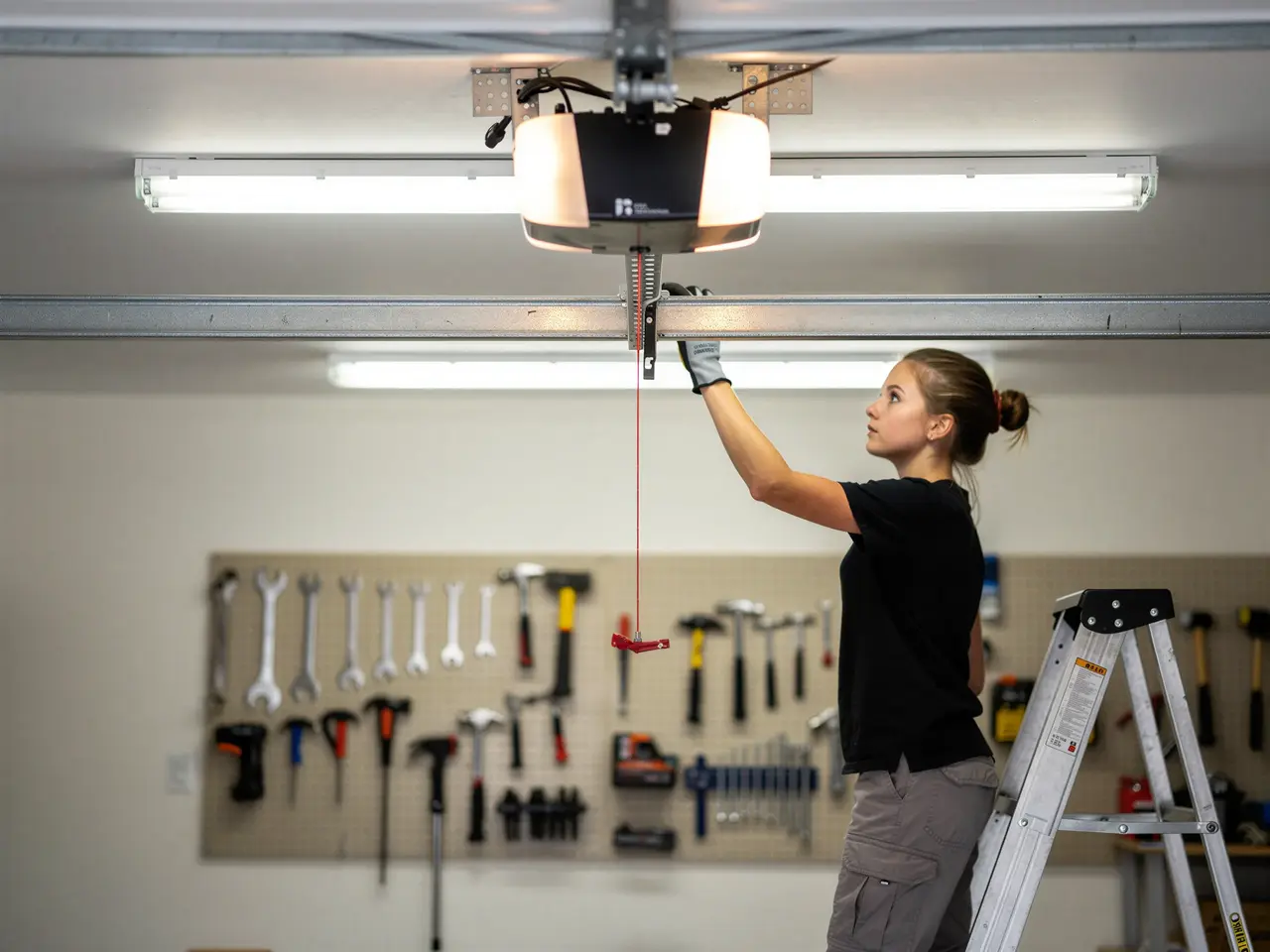 A technician on a ladder adjusts a garage door opener.