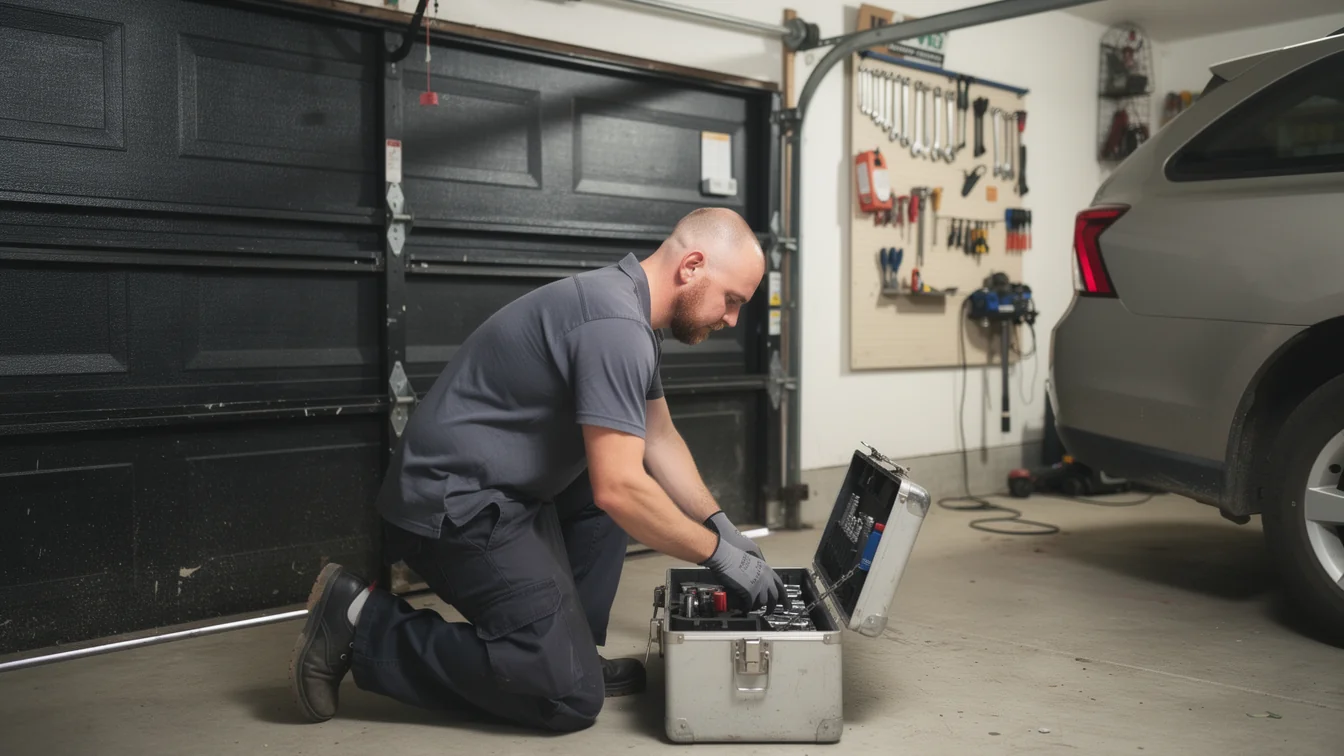 A technician kneels in a garage, opening a toolbox in front of a black garage door.