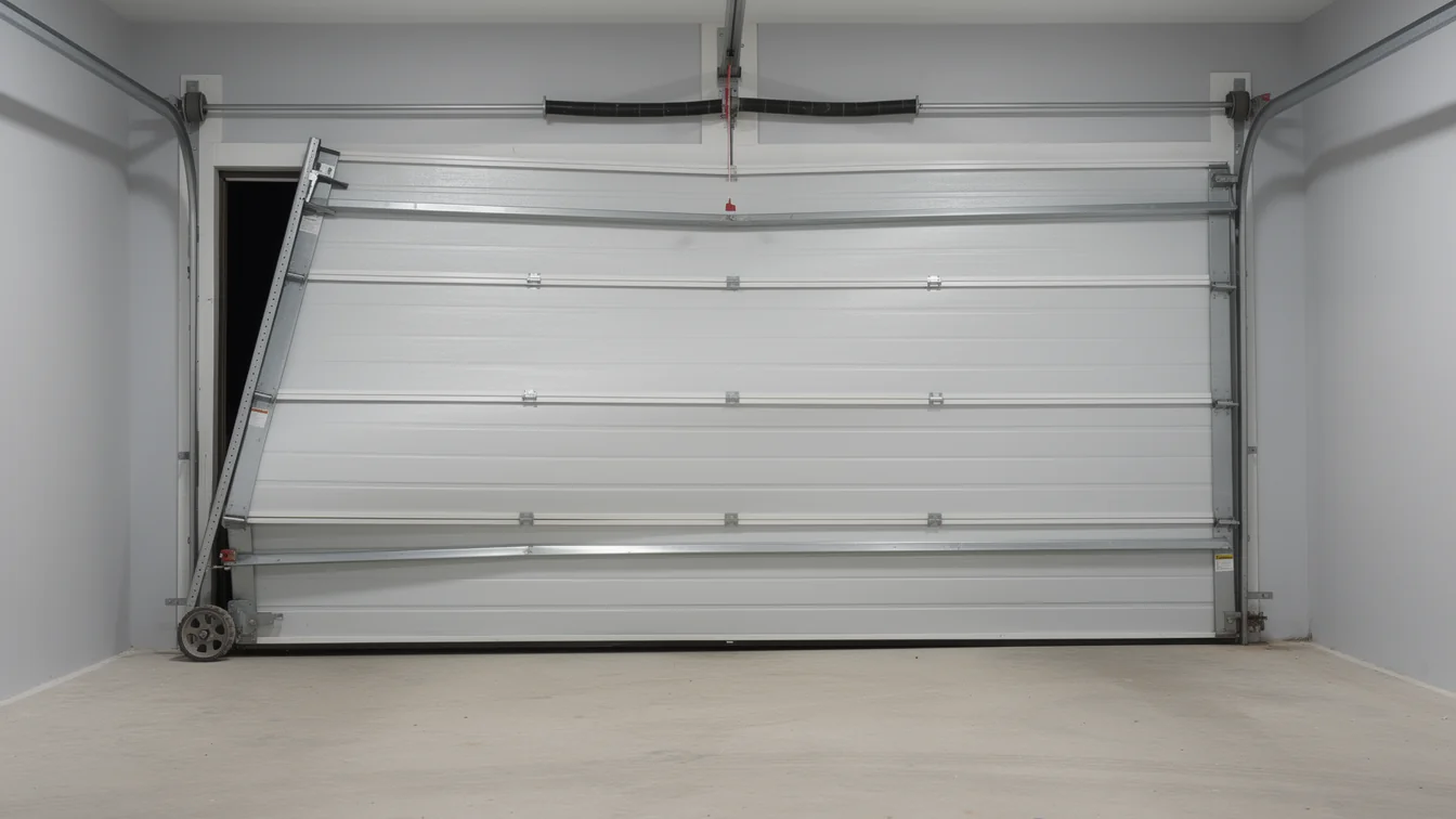 The white garage door is bent and off its tracks on the left side.