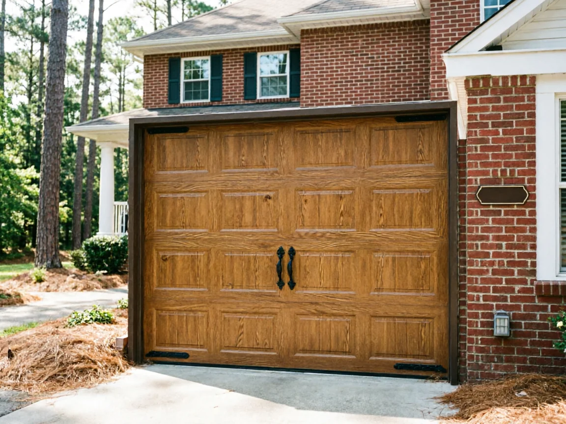 A brown wood-look garage door with black handles is on a brick house.